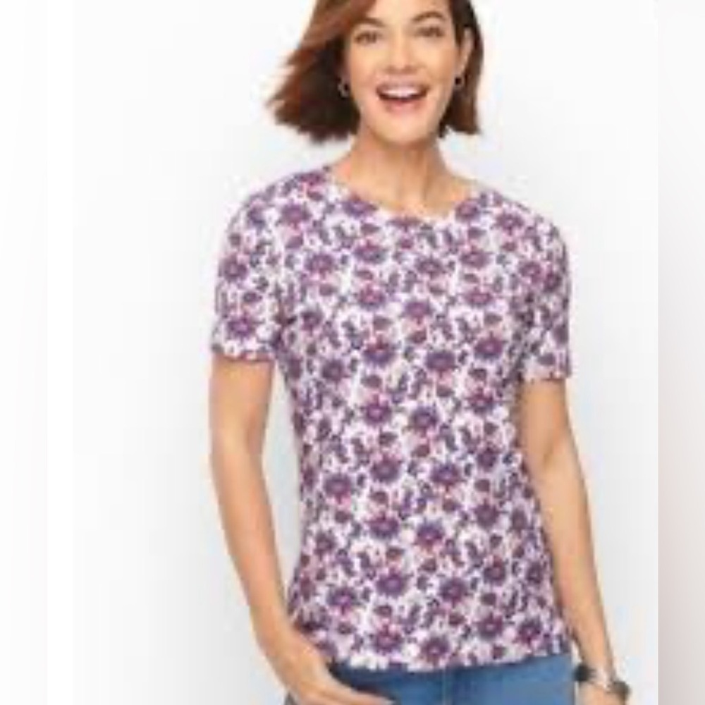 Talbots Floral Short Sleeve Tee - White and Pink